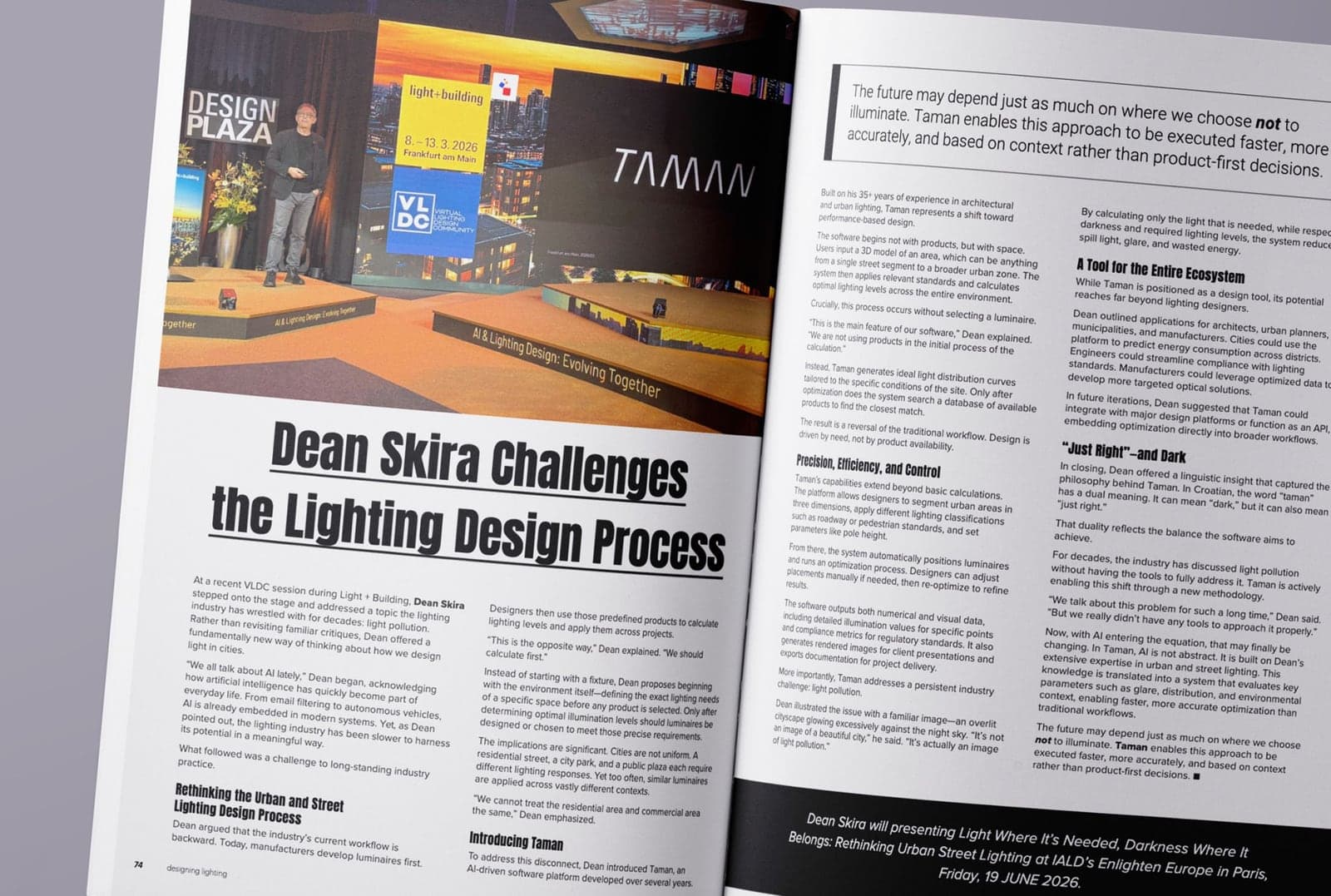 designing lighting magazine spread: “Dean Skira Challenges the Lighting Design Process”