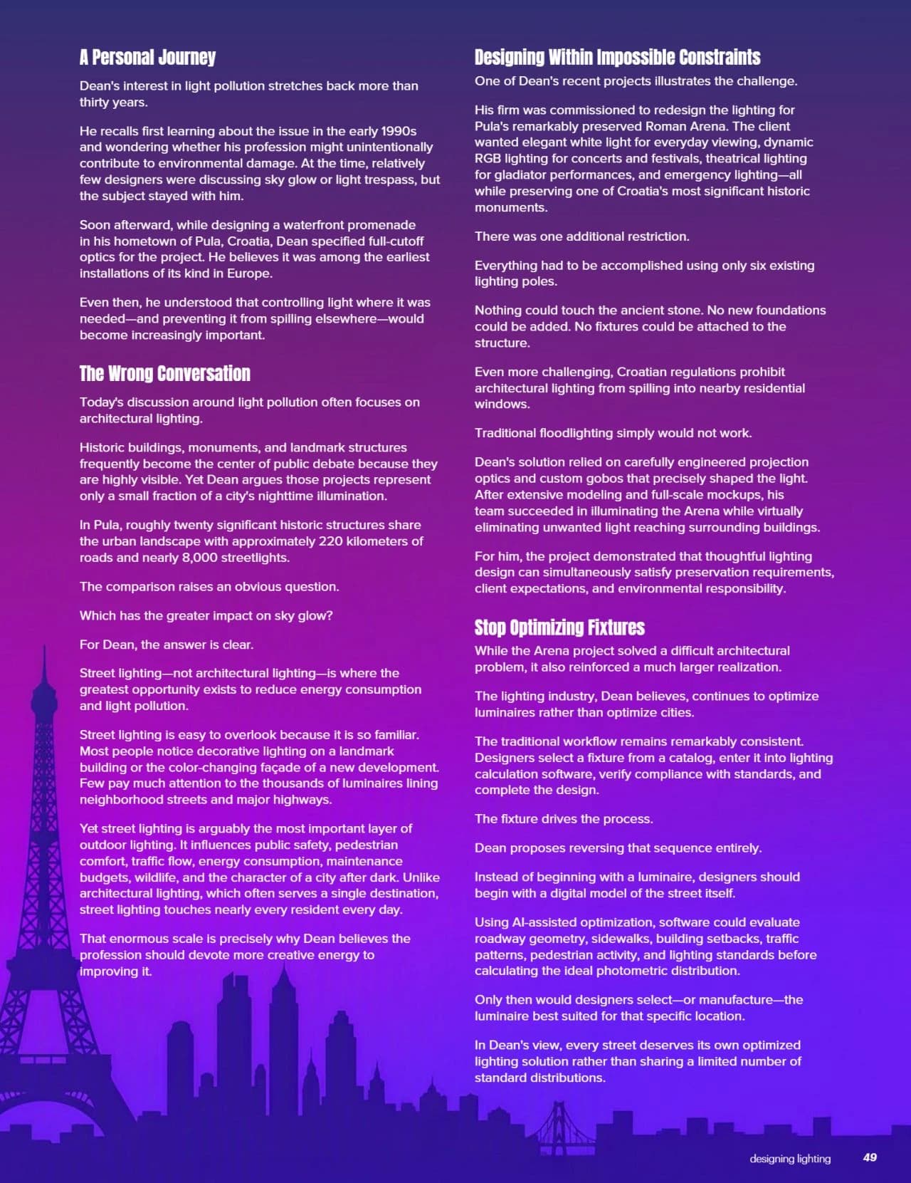 designing lighting magazine, page 49: A personal journey, The wrong conversation, Designing within impossible constraints, Stop optimizing fixtures