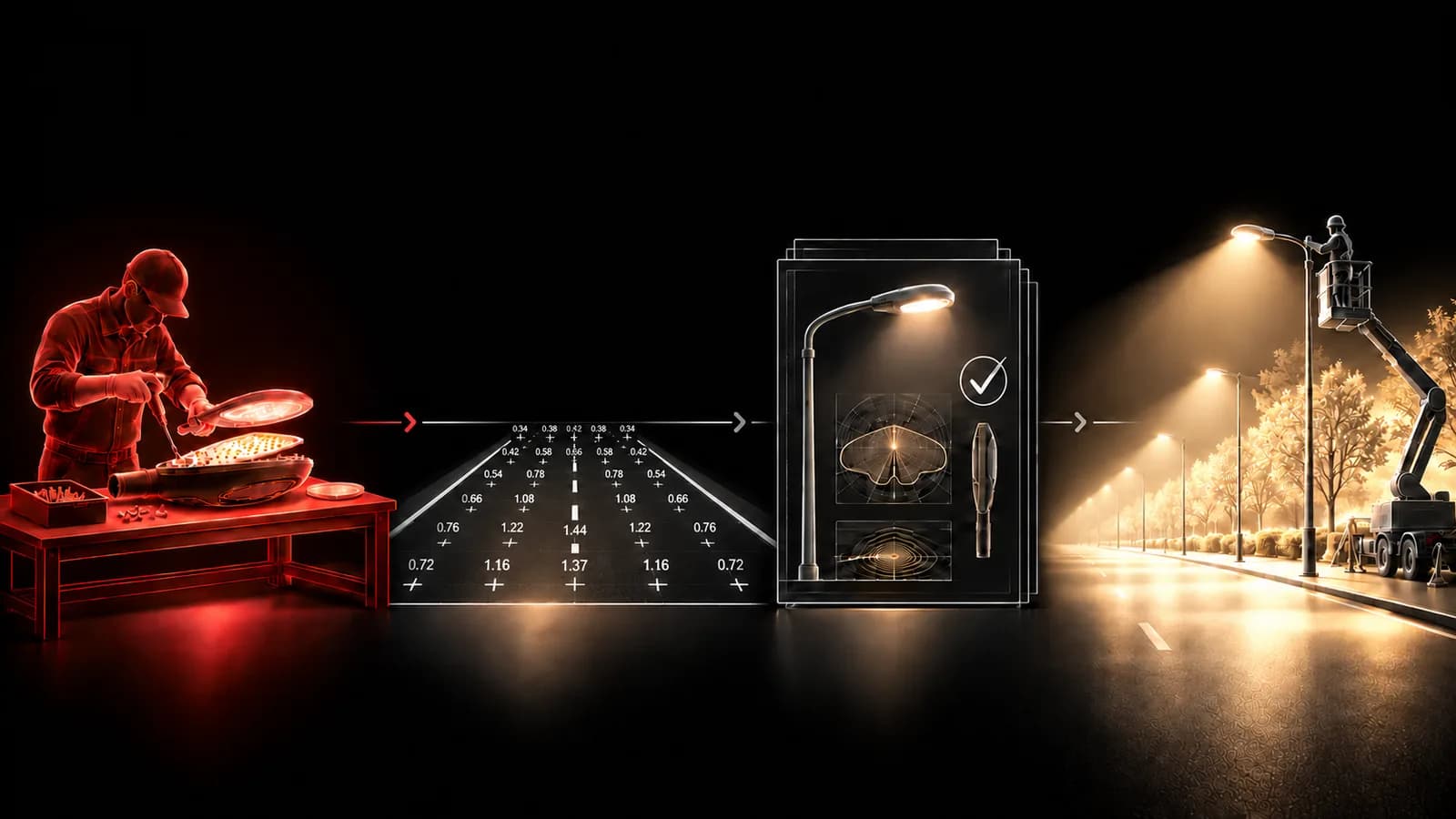 Illustration of the conventional workflow: a luminaire is manufactured, picked from a catalogue, calculated and installed