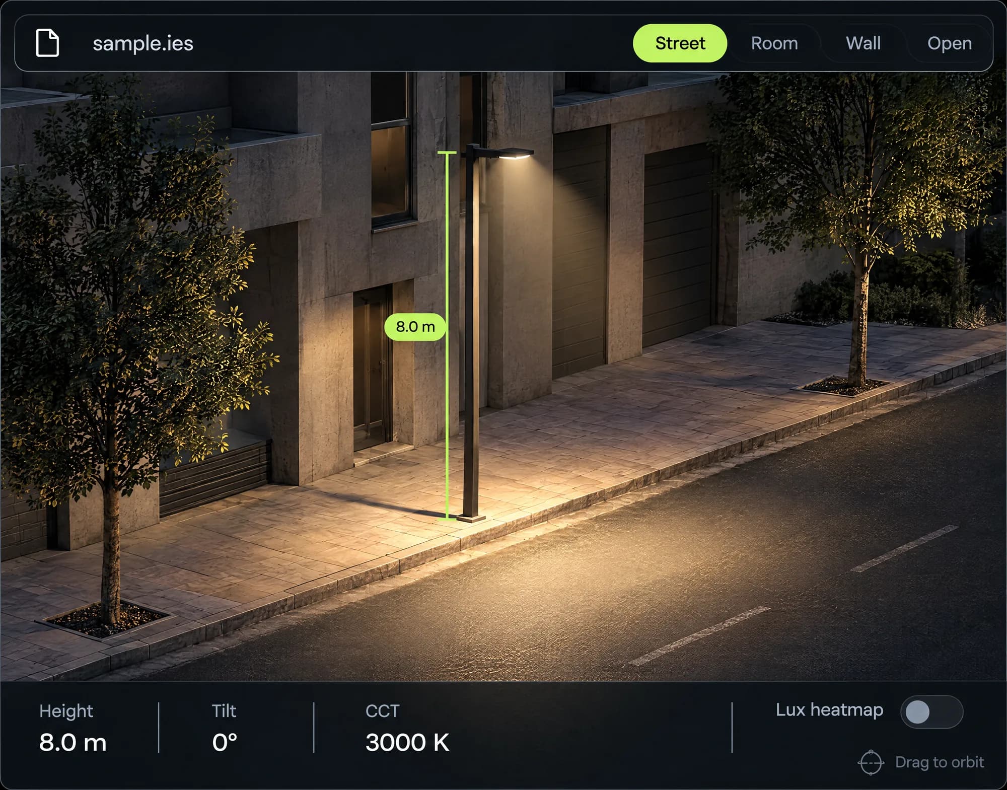 Taman photometric viewer showing an IES file on a night street: an 8 m pole lighting the pavement, with height, tilt, colour temperature and lux heatmap controls